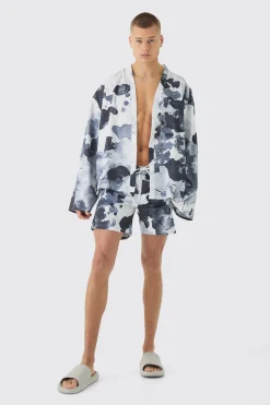 Abstract Print Kimono Shirt & Swim Short Set | BoohooMAN UK