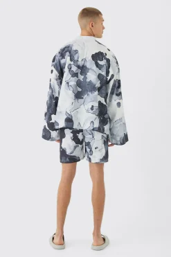 Abstract Print Kimono Shirt & Swim Short Set | BoohooMAN UK