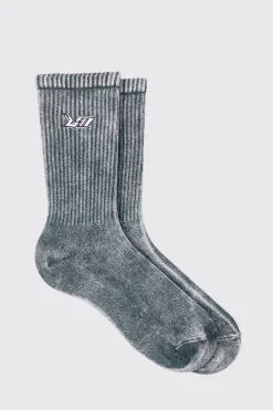 Acid Wash BM Embroidered Socks In Charcoal | BoohooMAN UK