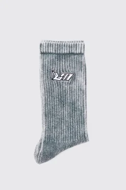 Acid Wash BM Embroidered Socks In Charcoal | BoohooMAN UK