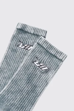Acid Wash BM Embroidered Socks In Charcoal | BoohooMAN UK