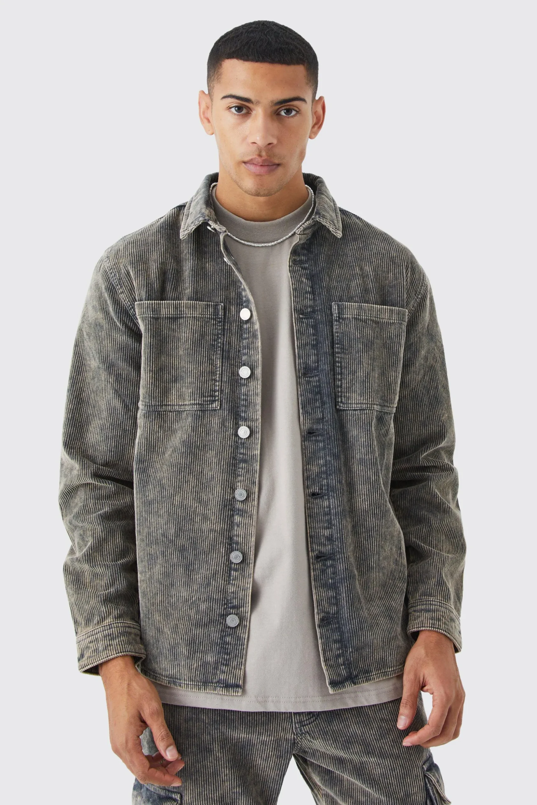 Acid Wash Corduroy Overshirt | BoohooMAN UK