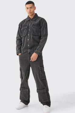 Acid Wash Oversized Cargo Pocket Denim Boilersuit In Charcoal | BoohooMAN UK