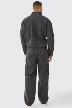 Acid Wash Oversized Cargo Pocket Denim Boilersuit In Charcoal | BoohooMAN UK
