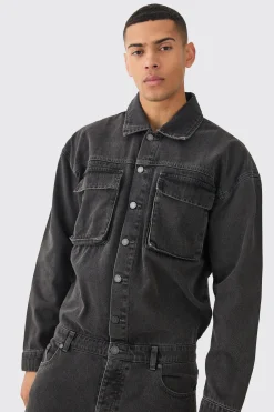 Acid Wash Oversized Cargo Pocket Denim Boilersuit In Charcoal | BoohooMAN UK