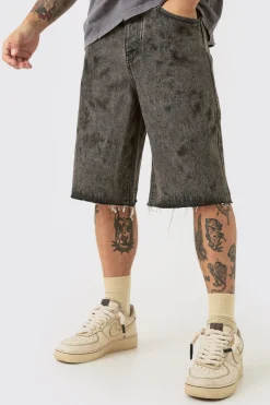 Acid Washed Denim Jorts In Washed Black | BoohooMAN UK