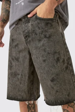 Acid Washed Denim Jorts In Washed Black | BoohooMAN UK