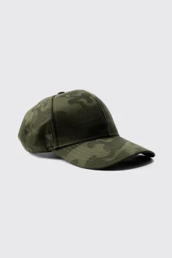 All Over Camo Print Cap In Green | BoohooMAN UK