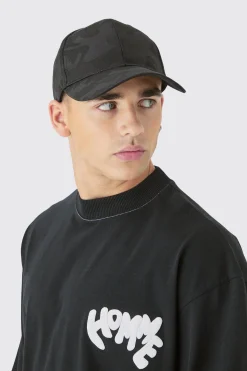 All Over Camo Print Cap In Black | BoohooMAN UK