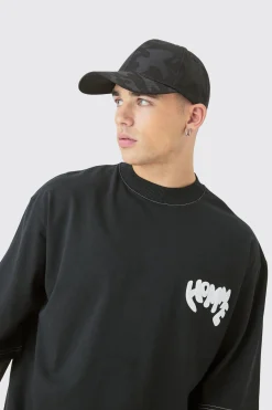 All Over Camo Print Cap In Black | BoohooMAN UK