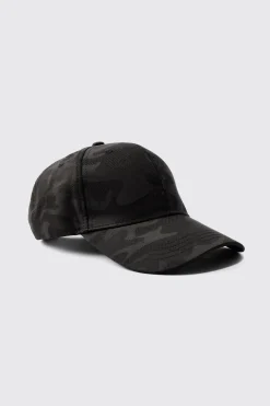 All Over Camo Print Cap In Black | BoohooMAN UK