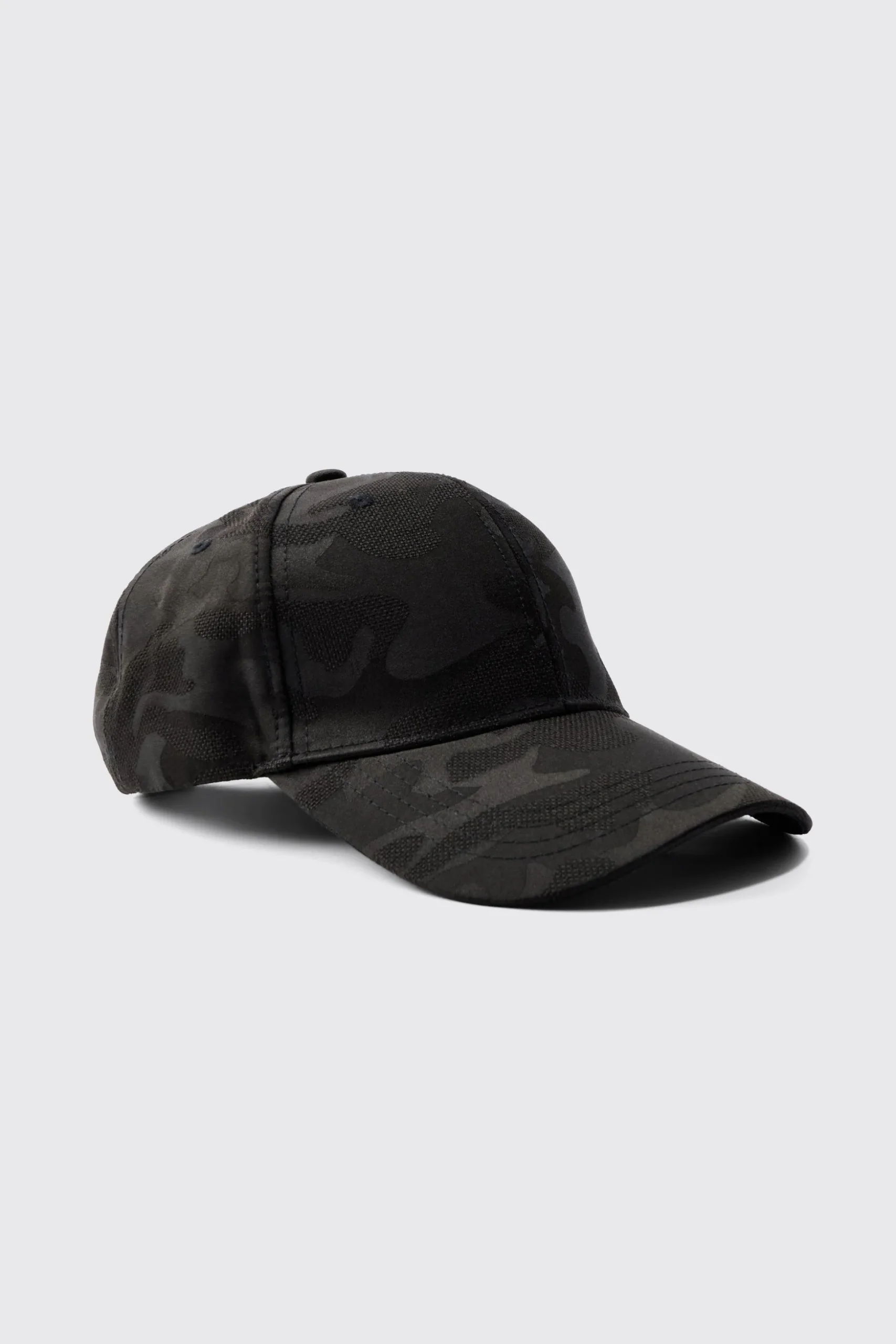 All Over Camo Print Cap In Black | BoohooMAN UK