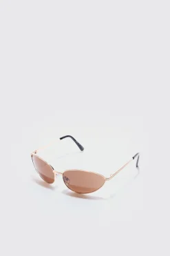 Angled Metal Sunglasses With Brown Lens In Gold | BoohooMAN UK