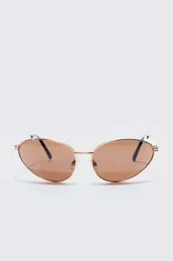Angled Metal Sunglasses With Brown Lens In Gold | BoohooMAN UK