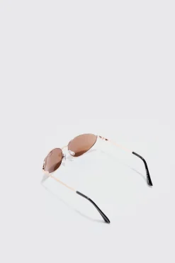 Angled Metal Sunglasses With Brown Lens In Gold | BoohooMAN UK