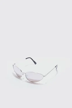 Angled Metal Sunglasses With Silver Lens In Silver | BoohooMAN UK