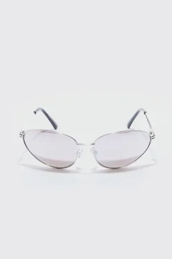 Angled Metal Sunglasses With Silver Lens In Silver | BoohooMAN UK