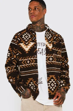 Aztec Print Borg Overshirt | BoohooMAN UK