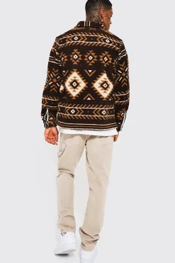 Aztec Print Borg Overshirt | BoohooMAN UK