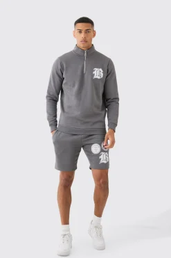 B Applique Funnel Neck Short Tracksuit | BoohooMAN UK