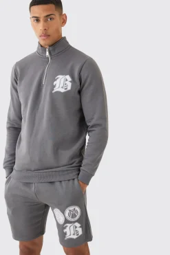 B Applique Funnel Neck Short Tracksuit | BoohooMAN UK