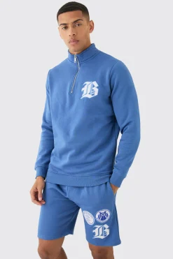 B Applique Funnel Neck Short Tracksuit | BoohooMAN UK