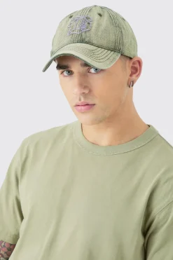 B Embroidered Washed Denim Cap In Green | BoohooMAN UK
