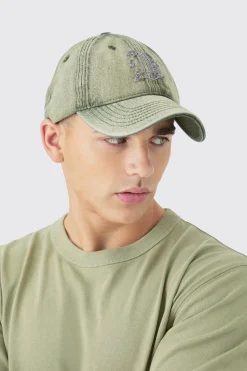 B Embroidered Washed Denim Cap In Green | BoohooMAN UK