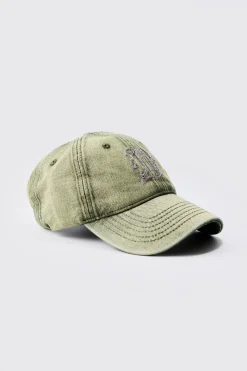 B Embroidered Washed Denim Cap In Green | BoohooMAN UK