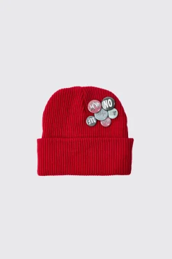 Badge And Pin Detail Beanie In Red | BoohooMAN UK