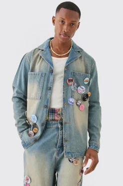 Badge Detail Antique Blue Revere Collar Denim Overshirt | BoohooMAN UK