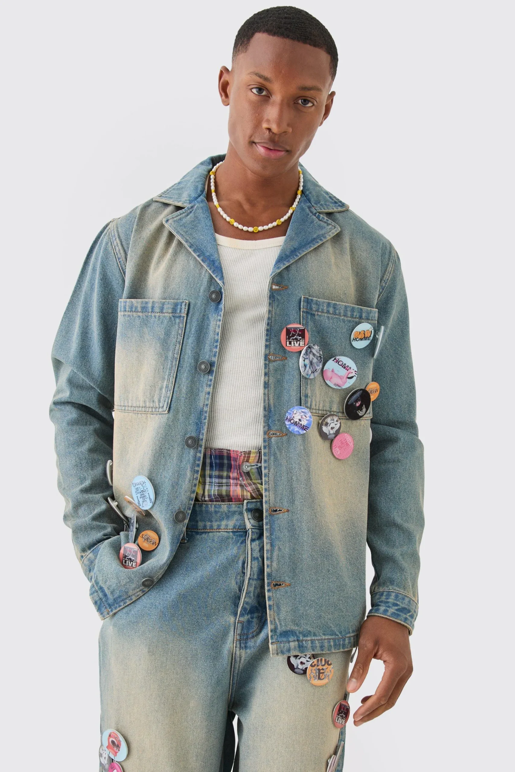 Badge Detail Antique Blue Revere Collar Denim Overshirt | BoohooMAN UK