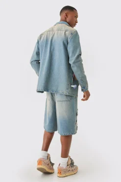 Badge Detail Antique Blue Revere Collar Denim Overshirt | BoohooMAN UK