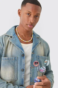 Badge Detail Antique Blue Revere Collar Denim Overshirt | BoohooMAN UK