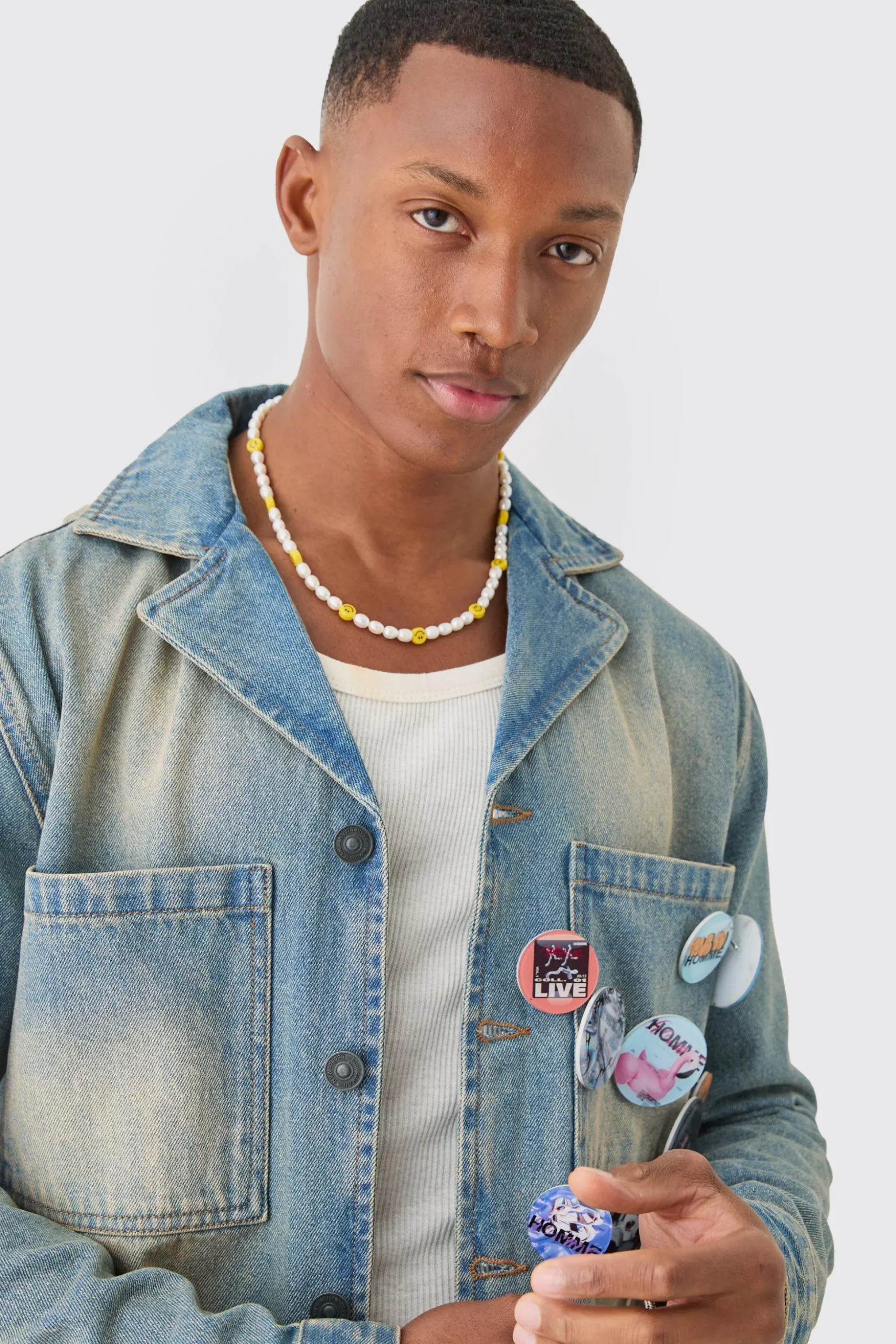 Badge Detail Antique Blue Revere Collar Denim Overshirt | BoohooMAN UK