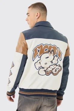 Badge Detail Colour Block Pu Varsity Jacket In Navy | BoohooMAN UK