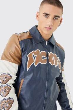 Badge Detail Colour Block Pu Varsity Jacket In Navy | BoohooMAN UK