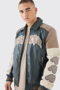 Badge Detail Colour Block Pu Varsity Jacket In Black | BoohooMAN UK