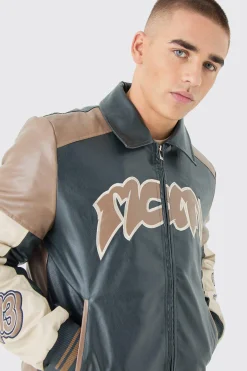 Badge Detail Colour Block Pu Varsity Jacket In Black | BoohooMAN UK