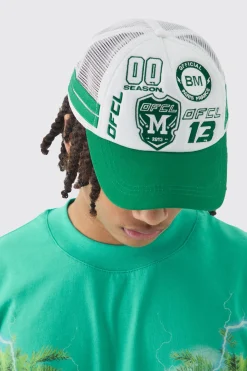 Badge Foam Trucker Cap In Green | BoohooMAN UK