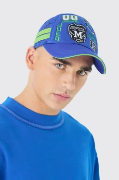 Badge Foam Trucker Cap In Blue | BoohooMAN UK