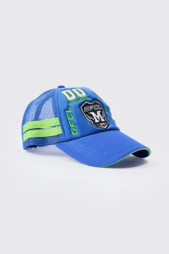 Badge Foam Trucker Cap In Blue | BoohooMAN UK