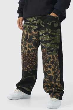 Baggy Camo & Leopard Patchwork Twill Trousers | BoohooMAN UK