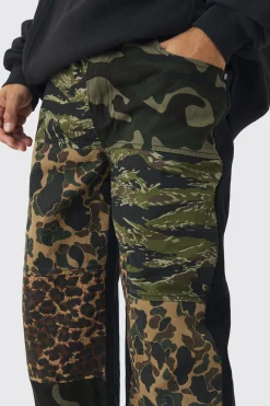 Baggy Camo & Leopard Patchwork Twill Trousers | BoohooMAN UK