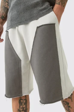 Baggy Carpenter Panel Frayed Edge Applique Jorts | BoohooMAN UK