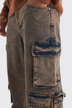 Baggy Fit Acid Wash Cargo Jeans | BoohooMAN UK