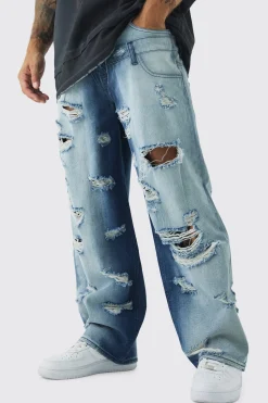Baggy Fit Double Boxer Waistband All Over Ripped Jeans | BoohooMAN UK