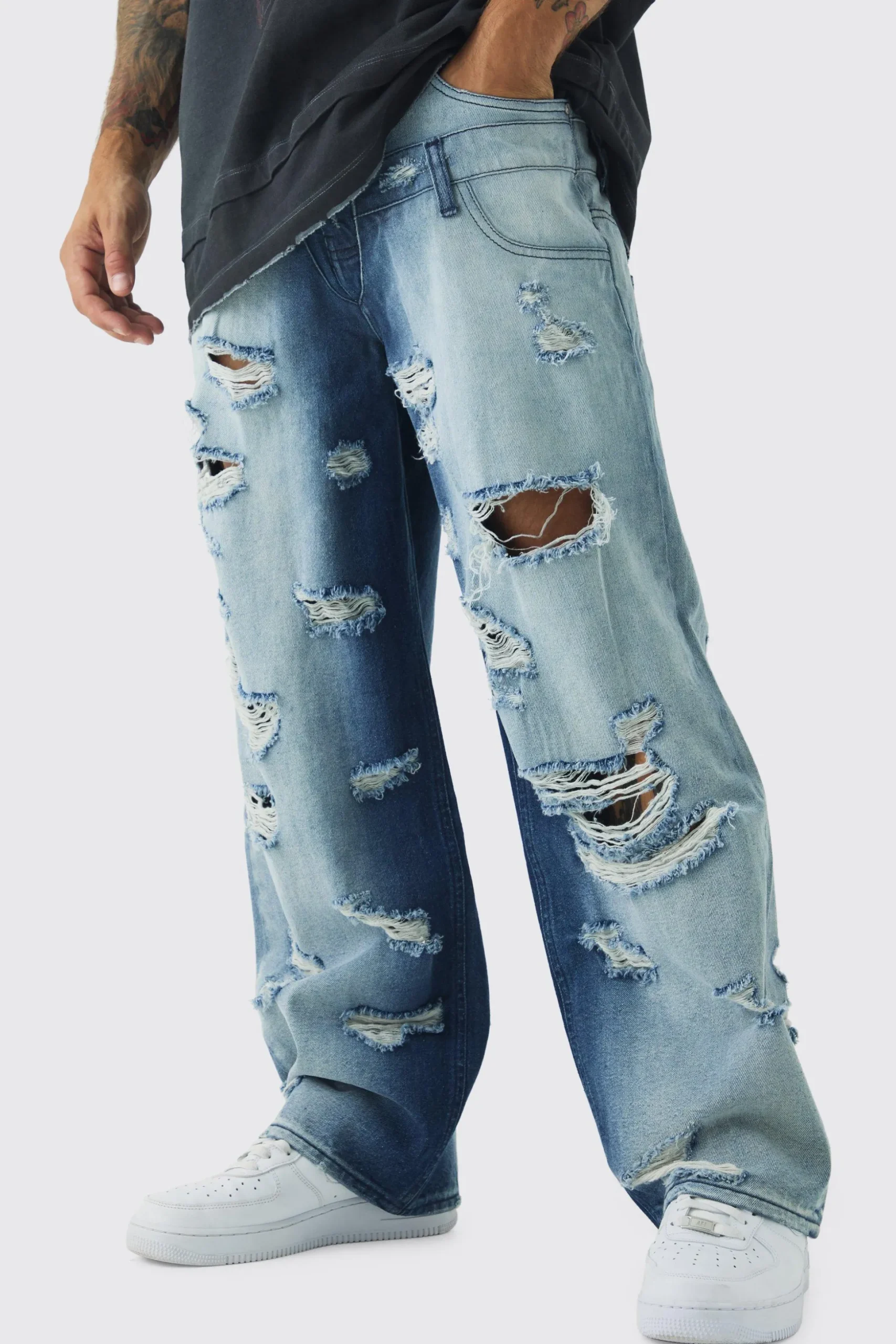 Baggy Fit Double Boxer Waistband All Over Ripped Jeans | BoohooMAN UK