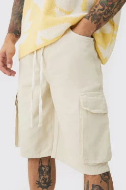 Baggy Fit Elasticated Waist Extended Drawcord Cargo Shorts | BoohooMAN UK