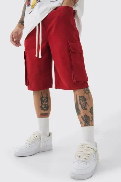Baggy Fit Elasticated Waist Extended Drawcord Cargo Shorts | BoohooMAN UK